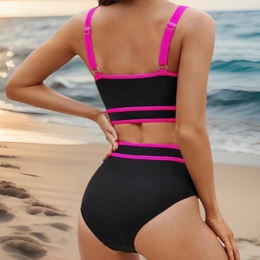 BMJL Women Black Pink Bikini Set Scoop Neck High Waist Sport 2 Piece M NWT - Picture 3 of 8